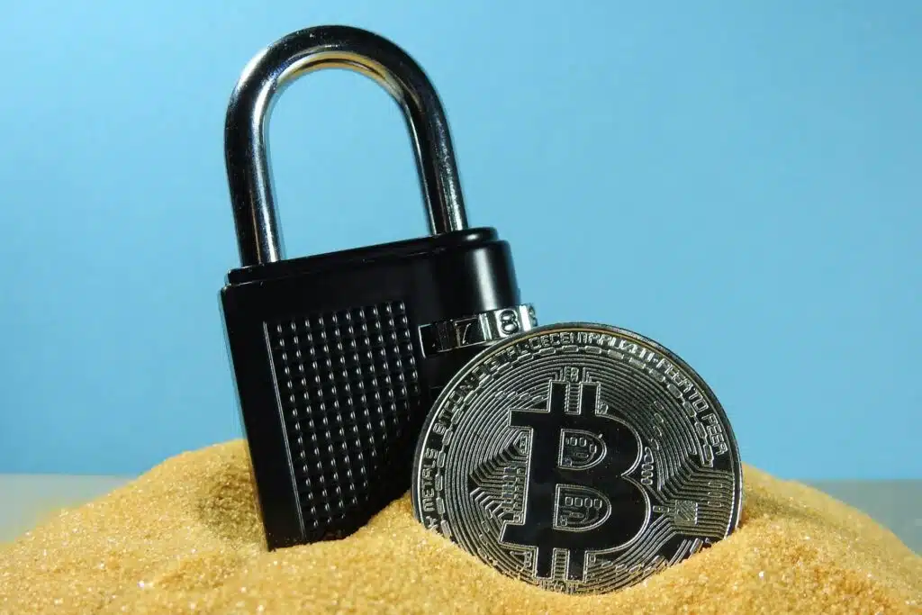Bitcoin coin secured by a padlock symbolizing safe crypto gambling