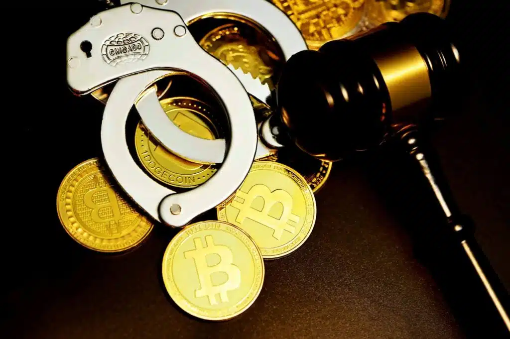 Gavel, handcuffs, and Bitcoin coins symbolizing crypto casino regulation and legal licensing